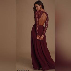 Awaken My Love Burgundy Long Sleeve Lace Maxi Dress